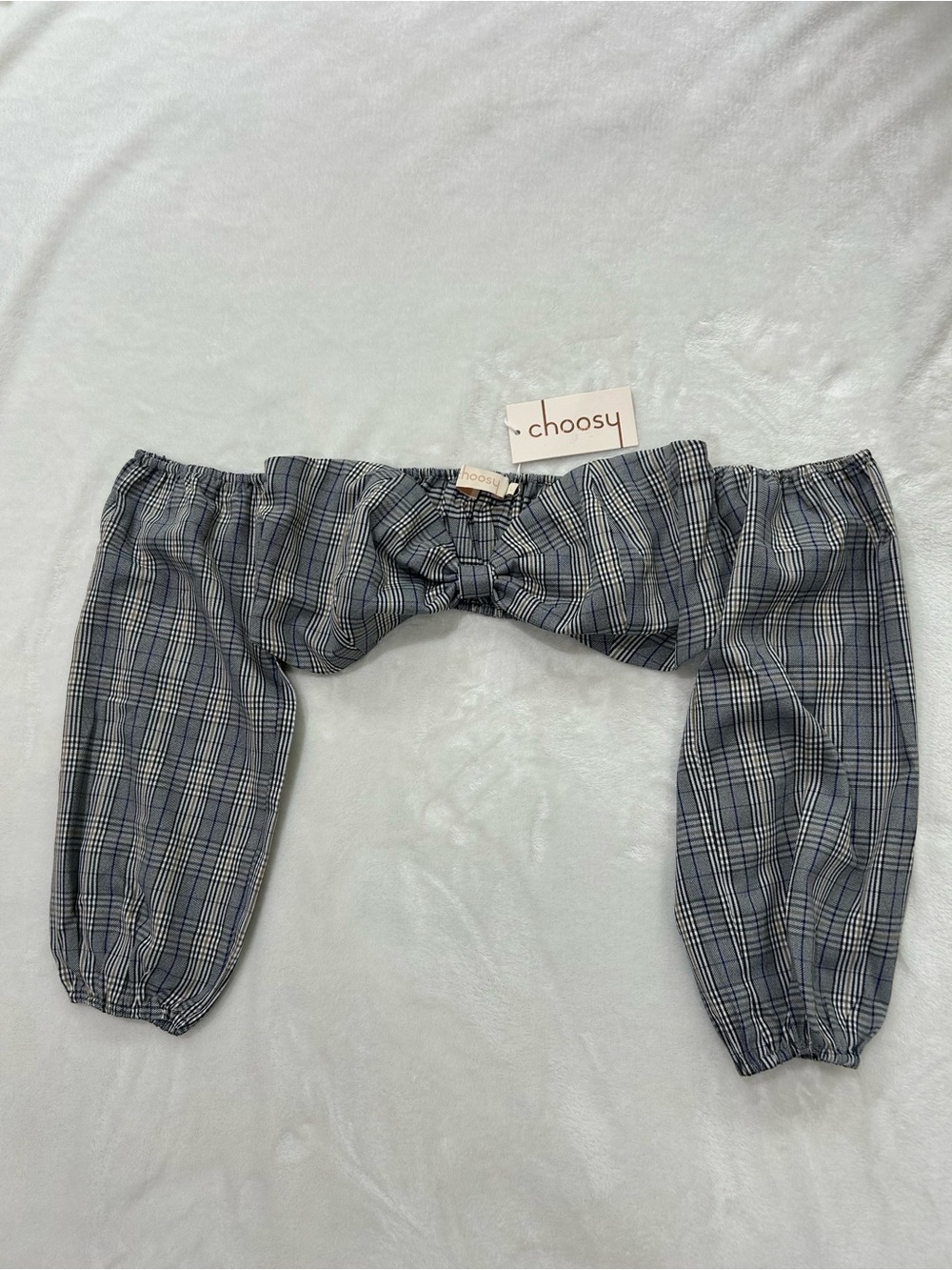 Choosy Plaid Off-Shoulder Bow Crop Top Gray Tartan Size L NWT Coquette Classic